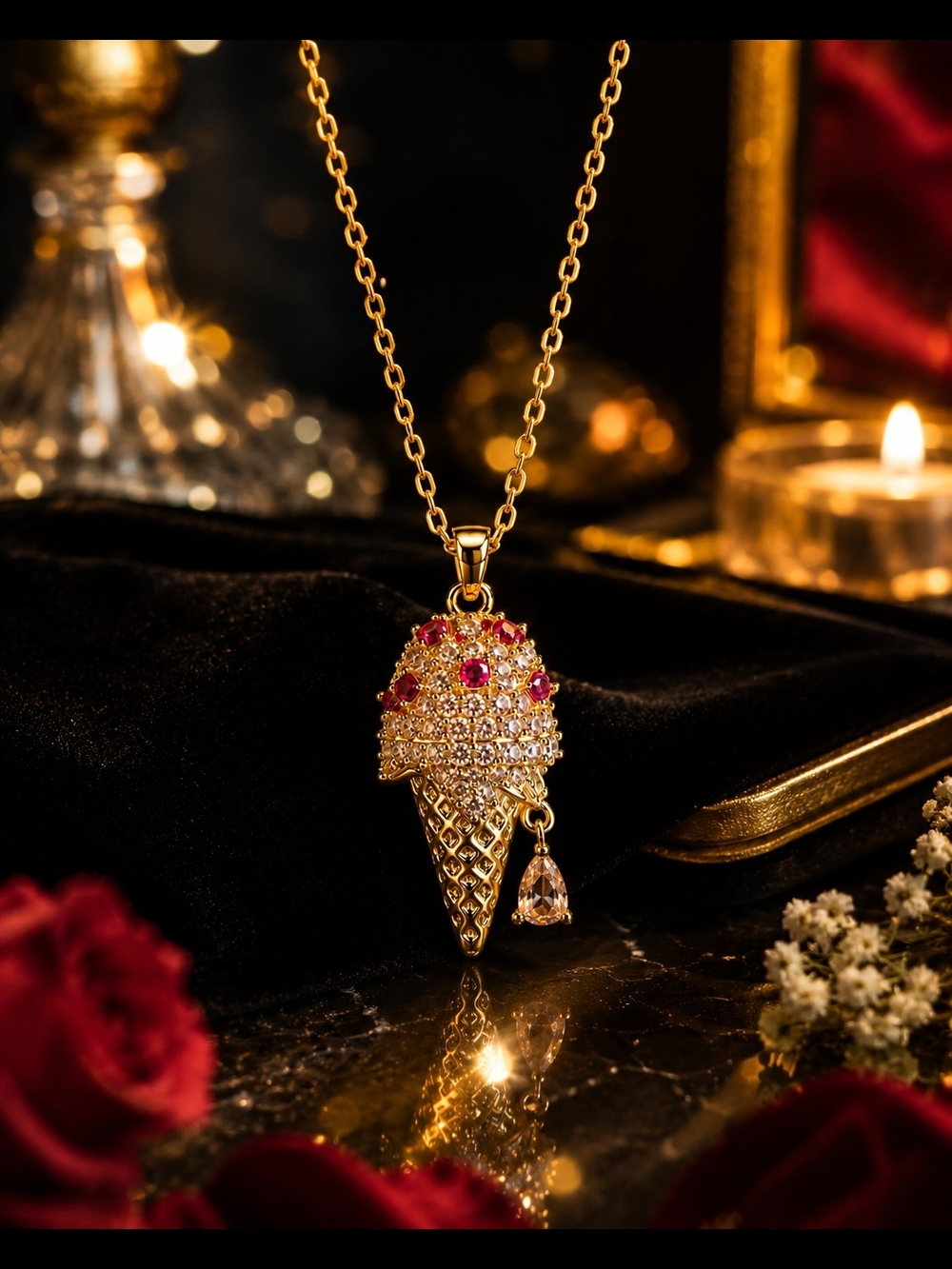 Sparkling Ice Cream Cone Necklace Gold Tone Crystal Pendant  Statement Piece